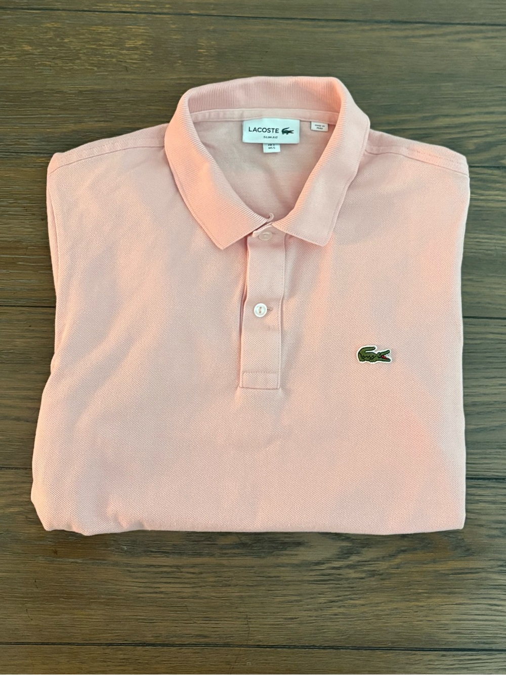 Lacoste Men's Light Pink Pique Polo with Green Crocodile Logo Size S